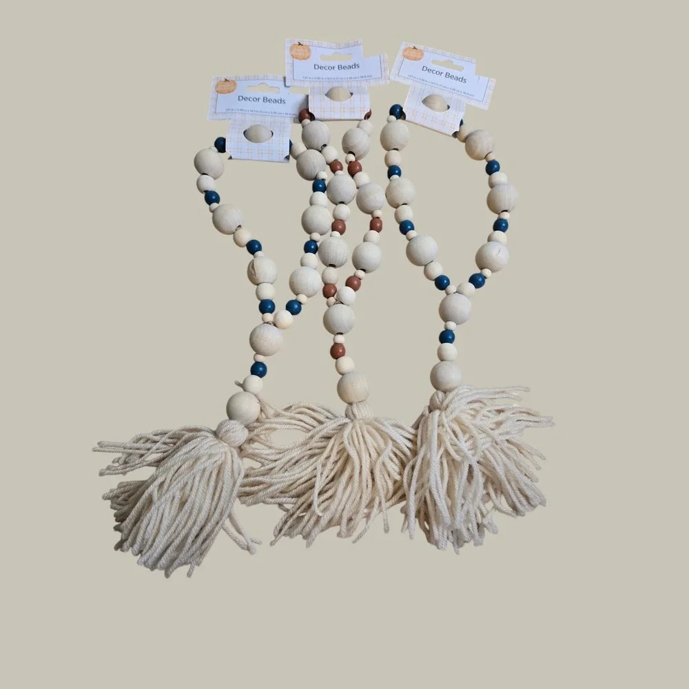 Perfect Harvest Wood Decor Beads Farmhouse Garland Blue Orange Tassel Set of 3